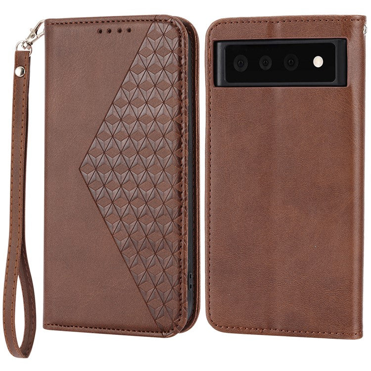 Phone Wallet Case for Google Pixel 7a, Imprinted Rhombus Pattern Calf Texture PU Leather Stand Phone Cover - Brown