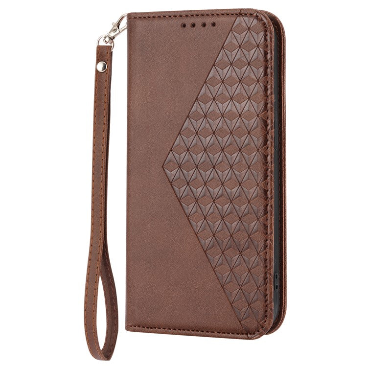 Phone Wallet Case for Google Pixel 7a, Imprinted Rhombus Pattern Calf Texture PU Leather Stand Phone Cover - Brown