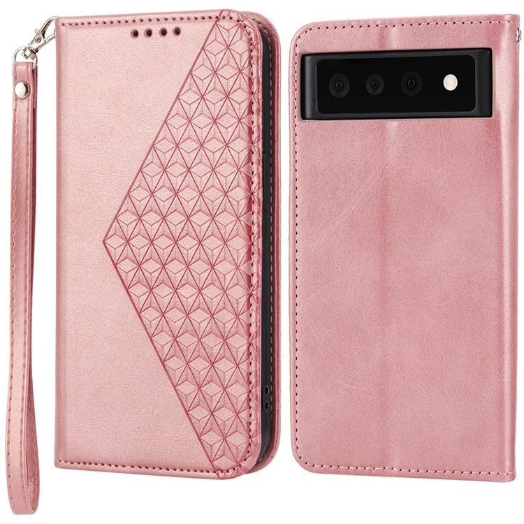 Phone Wallet Case for Google Pixel 7a, Imprinted Rhombus Pattern Calf Texture PU Leather Stand Phone Cover - Rose Gold