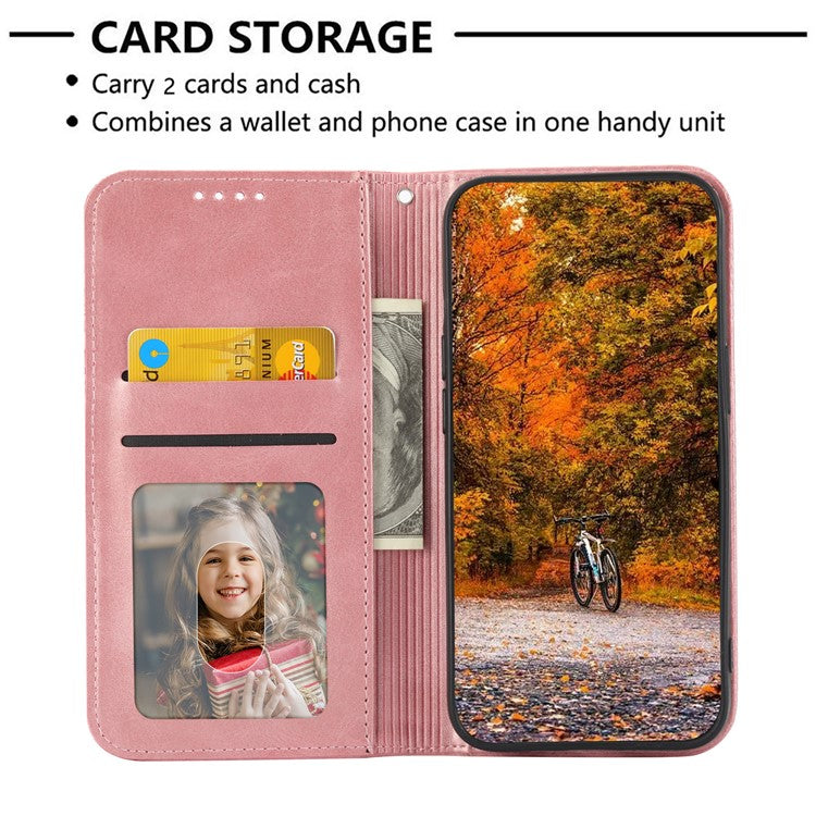 Phone Wallet Case for Google Pixel 7a, Imprinted Rhombus Pattern Calf Texture PU Leather Stand Phone Cover - Rose Gold