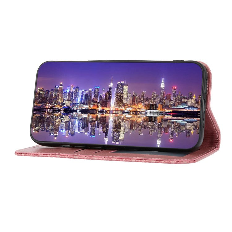 Phone Wallet Case for Google Pixel 7a, Imprinted Rhombus Pattern Calf Texture PU Leather Stand Phone Cover - Rose Gold