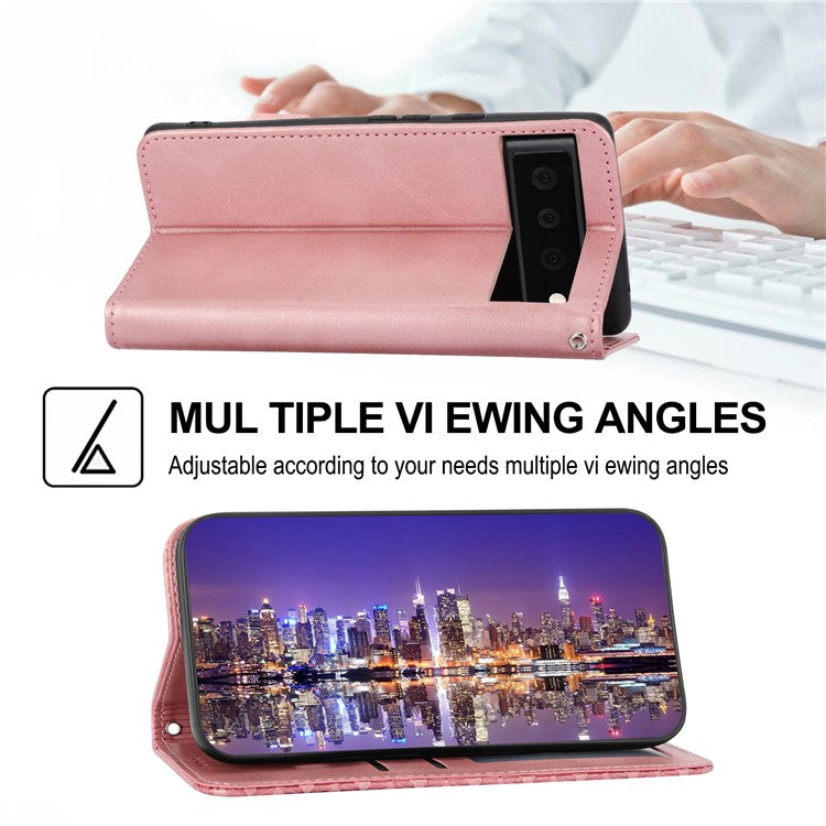 Phone Wallet Case for Google Pixel 7a, Imprinted Rhombus Pattern Calf Texture PU Leather Stand Phone Cover - Rose Gold