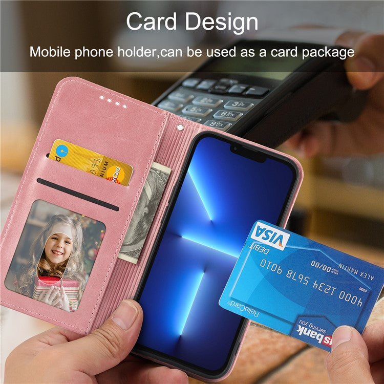 Phone Wallet Case for Google Pixel 7a, Imprinted Rhombus Pattern Calf Texture PU Leather Stand Phone Cover - Rose Gold