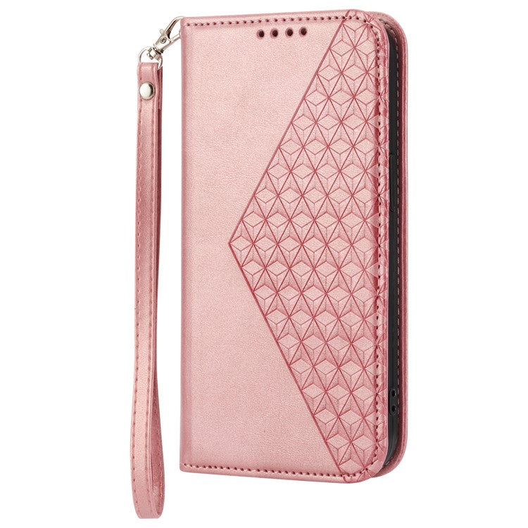 Phone Wallet Case for Google Pixel 7a, Imprinted Rhombus Pattern Calf Texture PU Leather Stand Phone Cover - Rose Gold