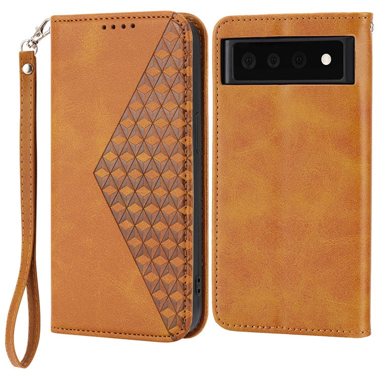 Phone Wallet Case for Google Pixel 7a, Imprinted Rhombus Pattern Calf Texture PU Leather Stand Phone Cover - Yellow
