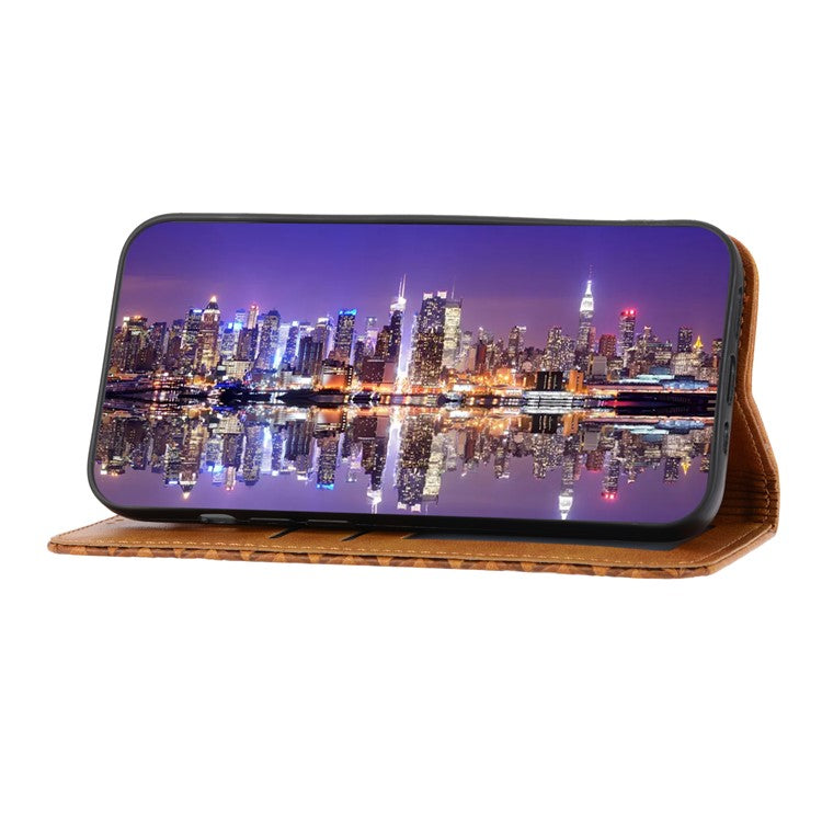 Phone Wallet Case for Google Pixel 7a, Imprinted Rhombus Pattern Calf Texture PU Leather Stand Phone Cover - Yellow