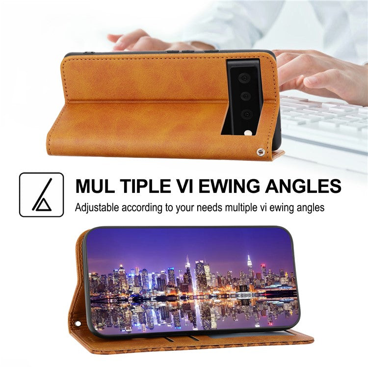 Phone Wallet Case for Google Pixel 7a, Imprinted Rhombus Pattern Calf Texture PU Leather Stand Phone Cover - Yellow