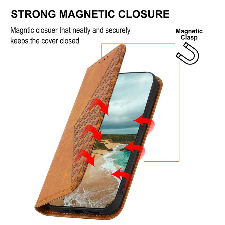 Phone Wallet Case for Google Pixel 7a, Imprinted Rhombus Pattern Calf Texture PU Leather Stand Phone Cover - Yellow