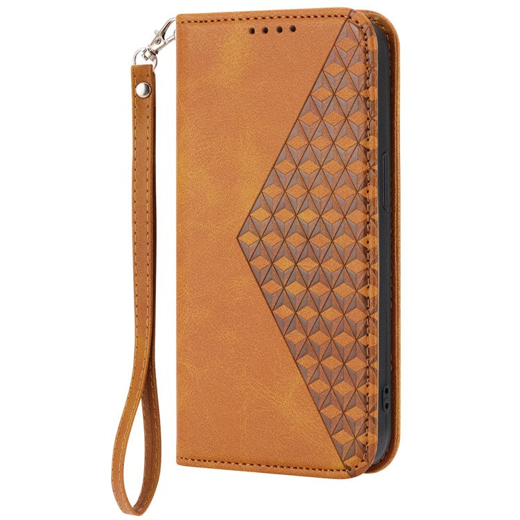 Phone Wallet Case for Google Pixel 7a, Imprinted Rhombus Pattern Calf Texture PU Leather Stand Phone Cover - Yellow