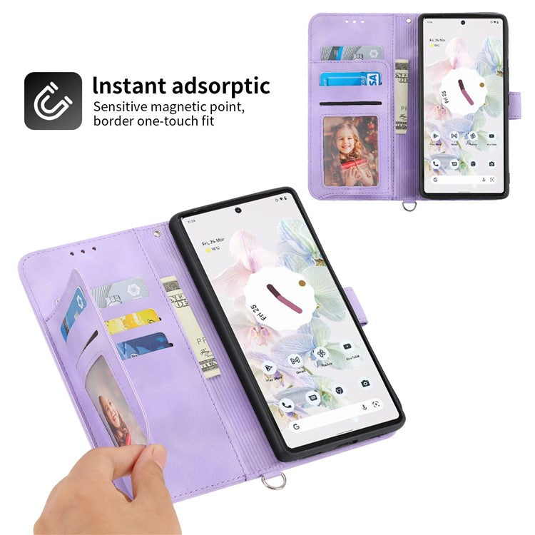 Phone Wallet Case for Google Pixel 7a, Skin-touch Imprinted Flowers Leather Stand Phone Cover with Wrist Strap and Shoulder Strap - Light Purple