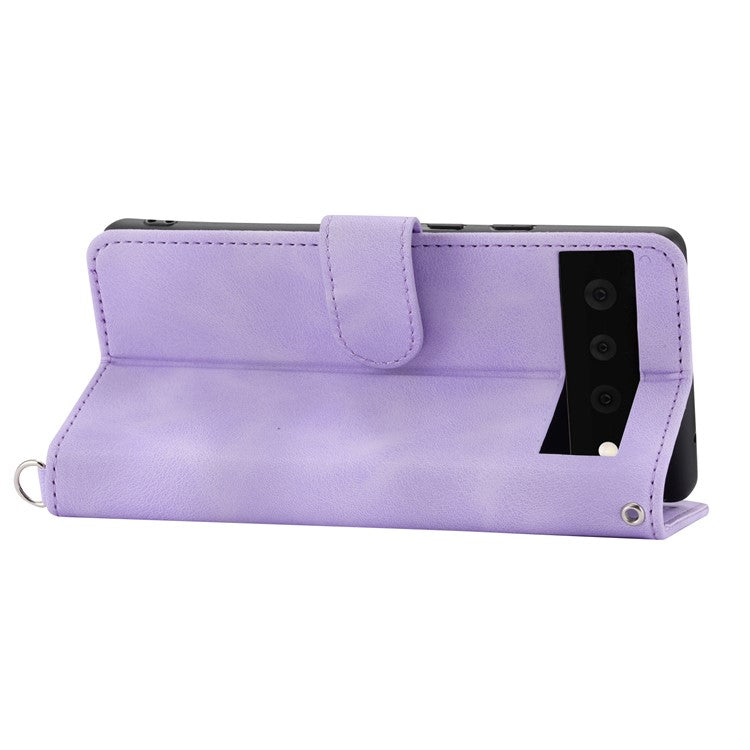 Phone Wallet Case for Google Pixel 7a, Skin-touch Imprinted Flowers Leather Stand Phone Cover with Wrist Strap and Shoulder Strap - Light Purple