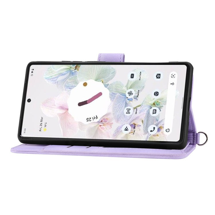 Phone Wallet Case for Google Pixel 7a, Skin-touch Imprinted Flowers Leather Stand Phone Cover with Wrist Strap and Shoulder Strap - Light Purple