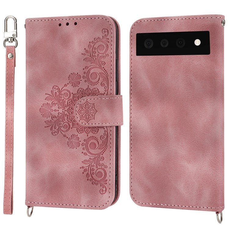 Phone Wallet Case for Google Pixel 7a, Skin-touch Imprinted Flowers Leather Stand Phone Cover with Wrist Strap and Shoulder Strap - Pink