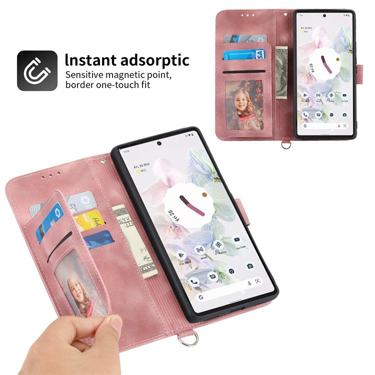 Phone Wallet Case for Google Pixel 7a, Skin-touch Imprinted Flowers Leather Stand Phone Cover with Wrist Strap and Shoulder Strap - Pink