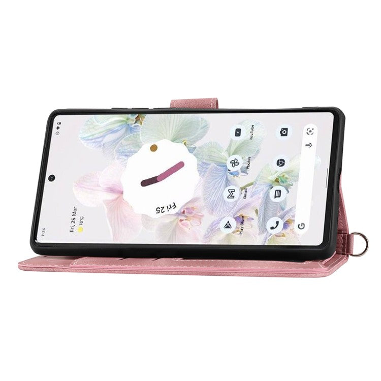 Phone Wallet Case for Google Pixel 7a, Skin-touch Imprinted Flowers Leather Stand Phone Cover with Wrist Strap and Shoulder Strap - Pink