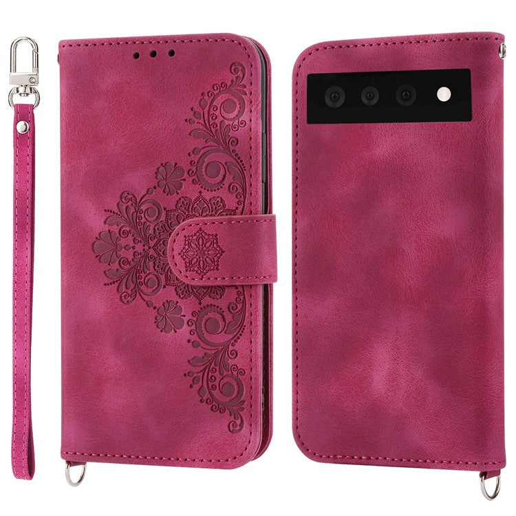 Phone Wallet Case for Google Pixel 7a, Skin-touch Imprinted Flowers Leather Stand Phone Cover with Wrist Strap and Shoulder Strap - Wine Red