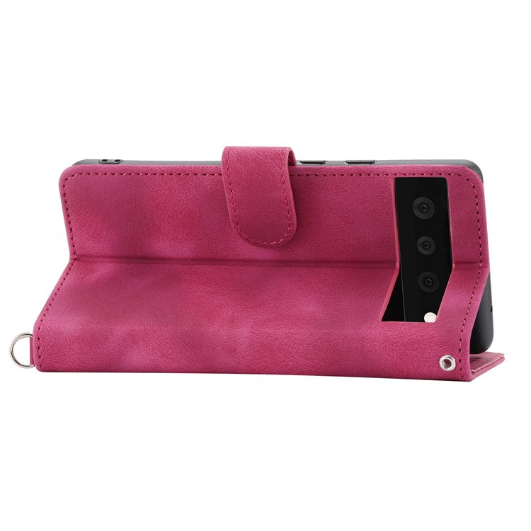 Phone Wallet Case for Google Pixel 7a, Skin-touch Imprinted Flowers Leather Stand Phone Cover with Wrist Strap and Shoulder Strap - Wine Red