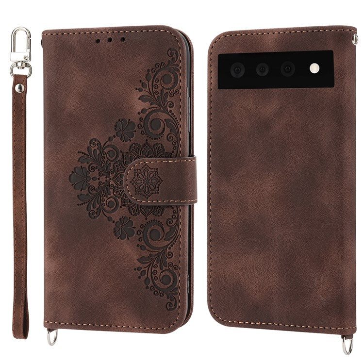 Phone Wallet Case for Google Pixel 7a, Skin-touch Imprinted Flowers Leather Stand Phone Cover with Wrist Strap and Shoulder Strap - Brown