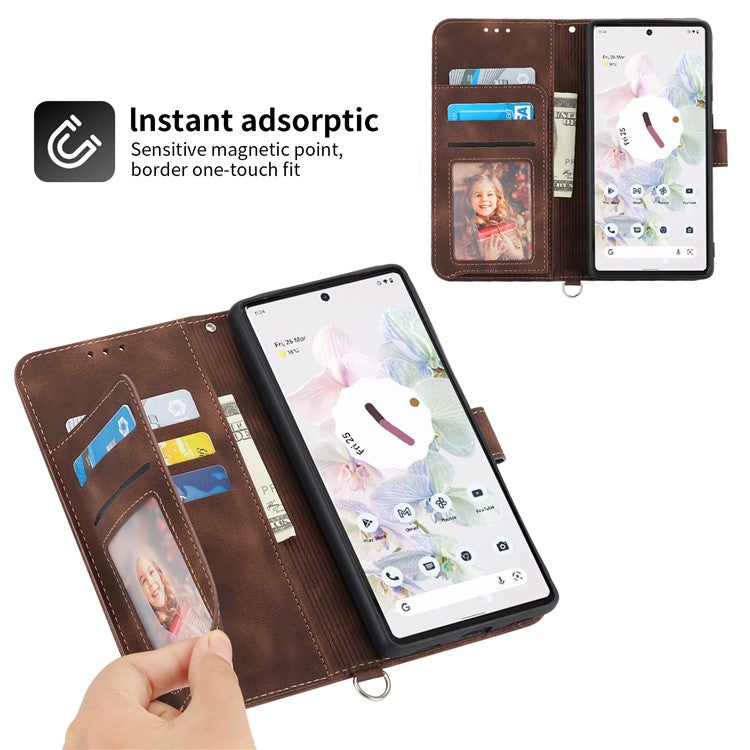 Phone Wallet Case for Google Pixel 7a, Skin-touch Imprinted Flowers Leather Stand Phone Cover with Wrist Strap and Shoulder Strap - Brown