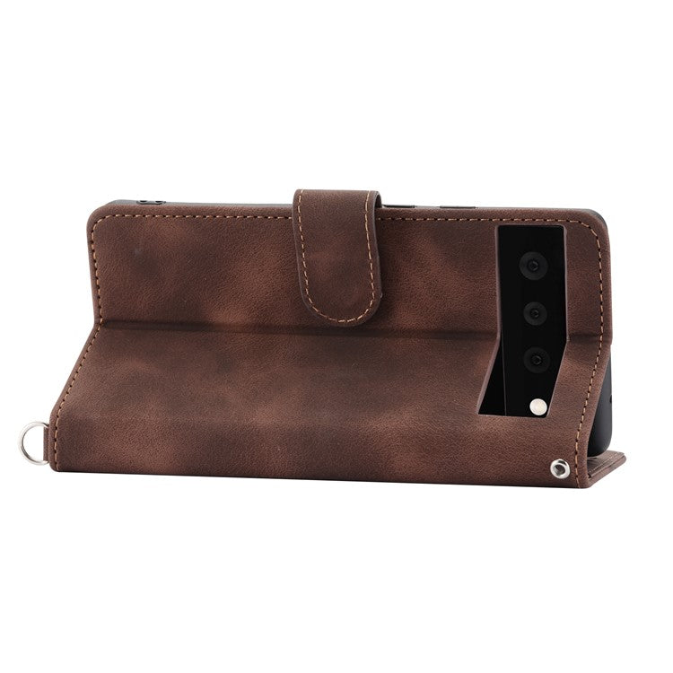 Phone Wallet Case for Google Pixel 7a, Skin-touch Imprinted Flowers Leather Stand Phone Cover with Wrist Strap and Shoulder Strap - Brown