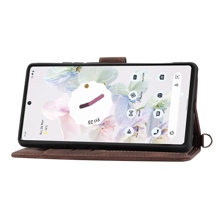 Phone Wallet Case for Google Pixel 7a, Skin-touch Imprinted Flowers Leather Stand Phone Cover with Wrist Strap and Shoulder Strap - Brown