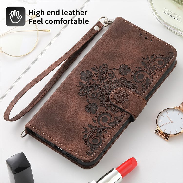 Phone Wallet Case for Google Pixel 7a, Skin-touch Imprinted Flowers Leather Stand Phone Cover with Wrist Strap and Shoulder Strap - Brown