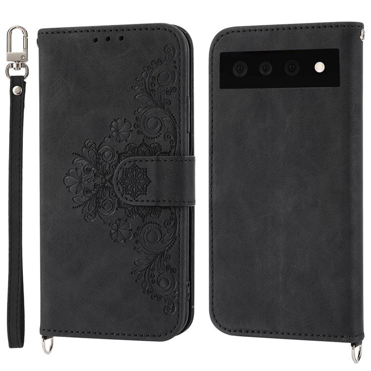 Phone Wallet Case for Google Pixel 7a, Skin-touch Imprinted Flowers Leather Stand Phone Cover with Wrist Strap and Shoulder Strap - Black