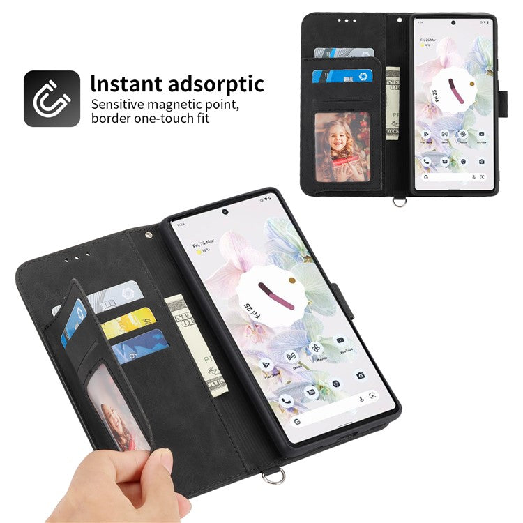 Phone Wallet Case for Google Pixel 7a, Skin-touch Imprinted Flowers Leather Stand Phone Cover with Wrist Strap and Shoulder Strap - Black