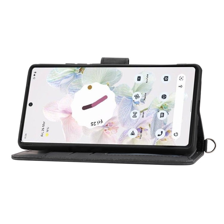 Phone Wallet Case for Google Pixel 7a, Skin-touch Imprinted Flowers Leather Stand Phone Cover with Wrist Strap and Shoulder Strap - Black