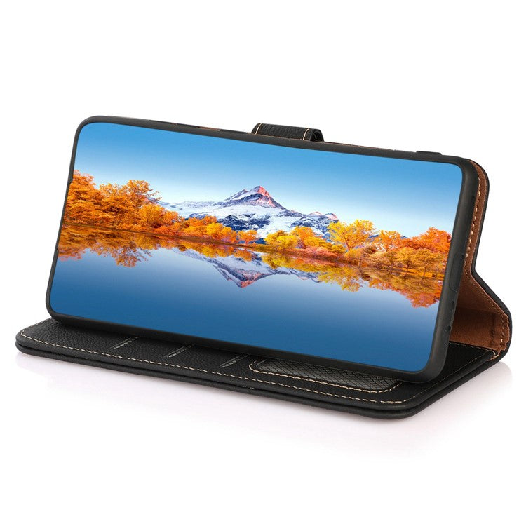 KHAZNEH For OnePlus 11 5G RFID Blocking Magnetic Anti-fall Phone Wallet Case Stand Genuine Leather Shockproof Phone Cover - Black