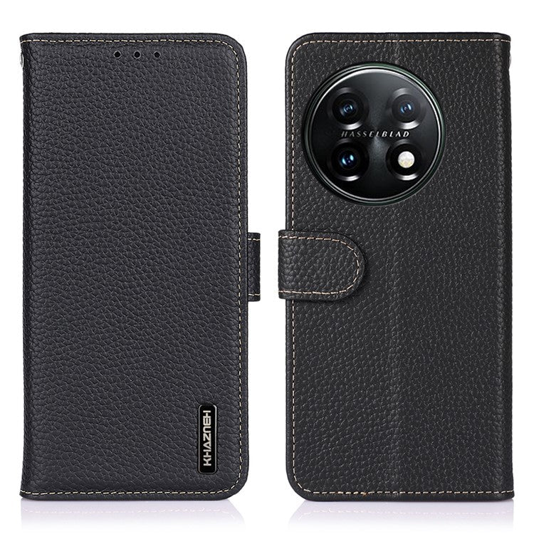KHAZNEH For OnePlus 11 5G Genuine Leather Flip Phone Wallet Cover Litchi Texture Stand Anti-drop Phone Case - Black