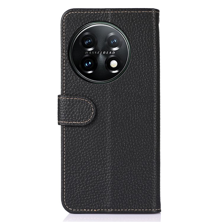 KHAZNEH For OnePlus 11 5G Genuine Leather Flip Phone Wallet Cover Litchi Texture Stand Anti-drop Phone Case - Black