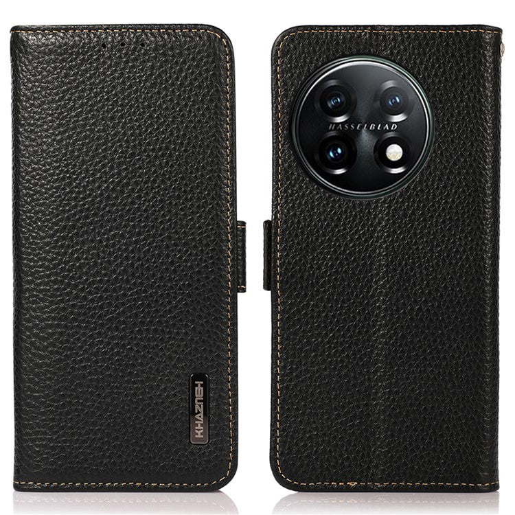 KHAZNEH Phone Case for OnePlus 11 5G RFID Blocking Stand Wallet Litchi Texture Genuine Leather Shockproof Flip Phone Cover - Black