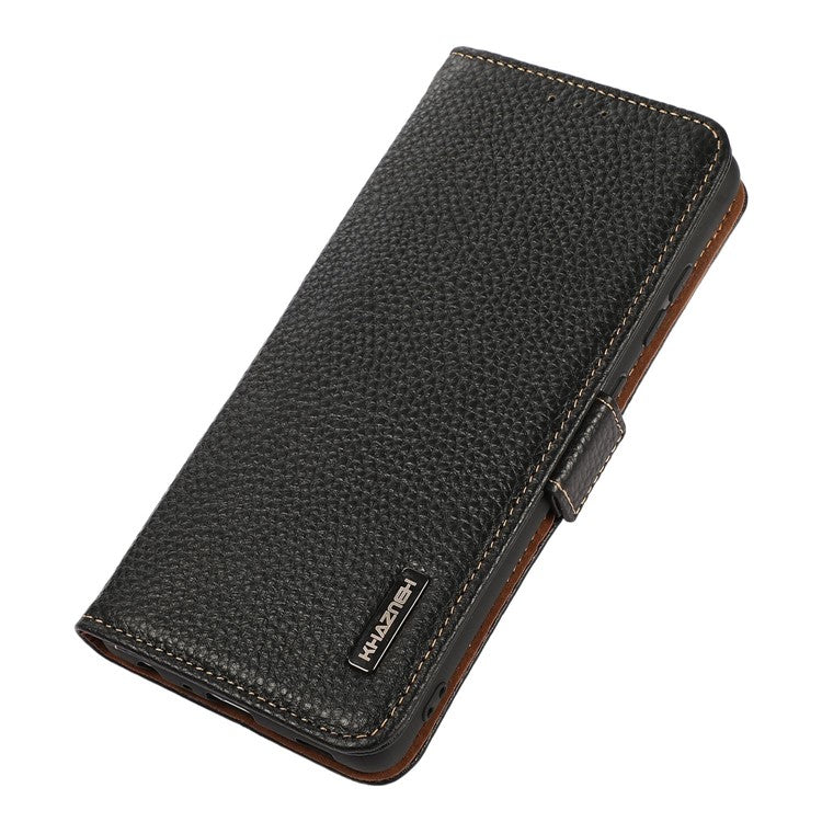 KHAZNEH Phone Case for OnePlus 11 5G RFID Blocking Stand Wallet Litchi Texture Genuine Leather Shockproof Flip Phone Cover - Black