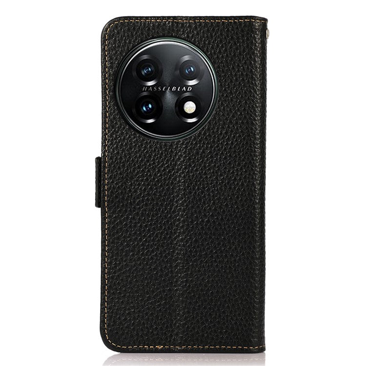 KHAZNEH Phone Case for OnePlus 11 5G RFID Blocking Stand Wallet Litchi Texture Genuine Leather Shockproof Flip Phone Cover - Black