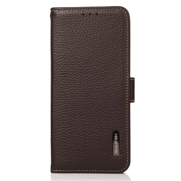 KHAZNEH Phone Case for OnePlus 11 5G RFID Blocking Stand Wallet Litchi Texture Genuine Leather Shockproof Flip Phone Cover - Brown