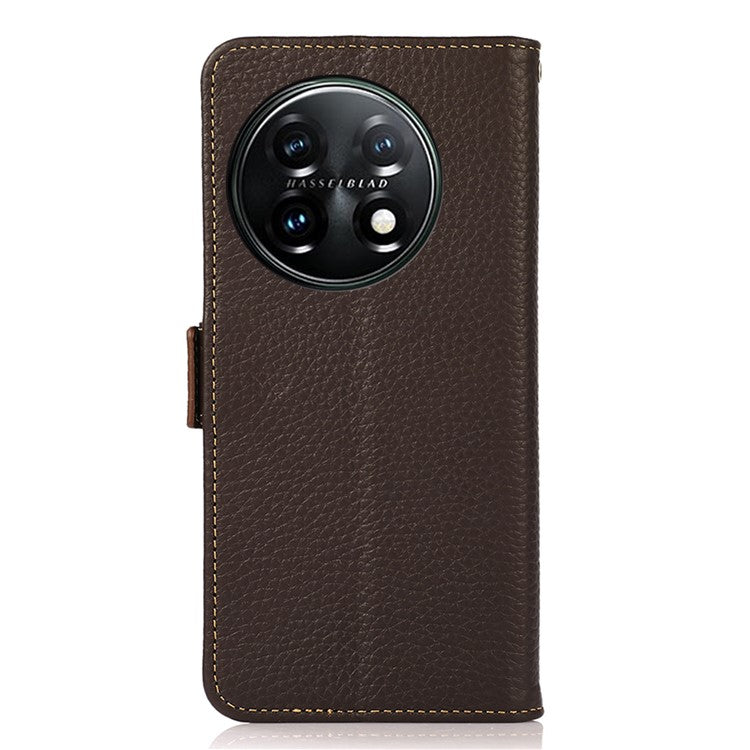 KHAZNEH Phone Case for OnePlus 11 5G RFID Blocking Stand Wallet Litchi Texture Genuine Leather Shockproof Flip Phone Cover - Brown