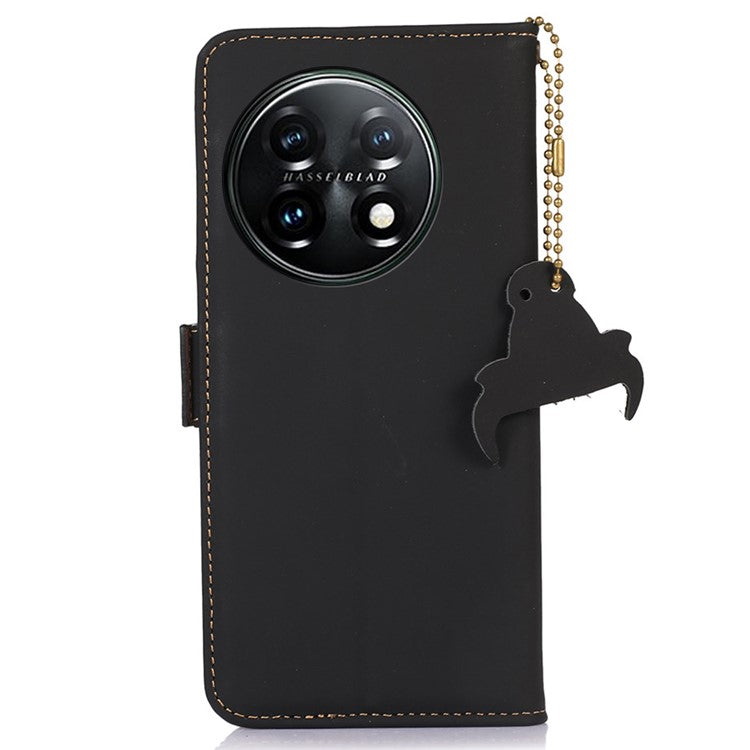 For OnePlus 11 5G Phone Case Genuine Leather Flip Cover RFID Blocking Wallet Case - Black
