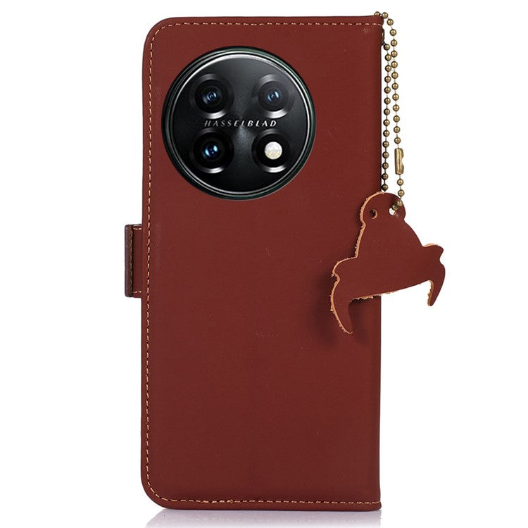 For OnePlus 11 5G Phone Case Genuine Leather Flip Cover RFID Blocking Wallet Case - Coffee