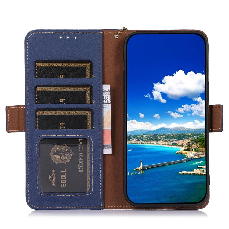 Shockproof Case for OnePlus 11 5G Genuine Leather Phone Case RFID Blocking Wallet Phone Cover with Stand - Sapphire