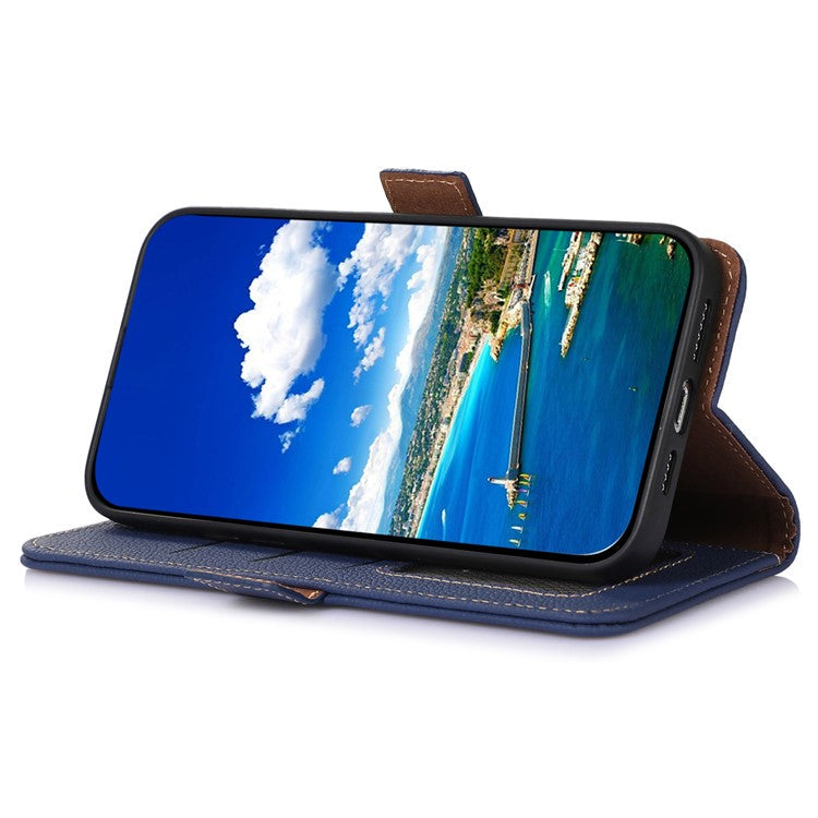 Shockproof Case for OnePlus 11 5G Genuine Leather Phone Case RFID Blocking Wallet Phone Cover with Stand - Sapphire