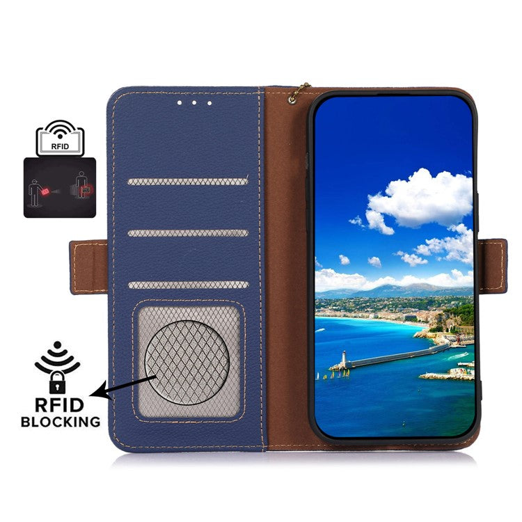 Shockproof Case for OnePlus 11 5G Genuine Leather Phone Case RFID Blocking Wallet Phone Cover with Stand - Sapphire