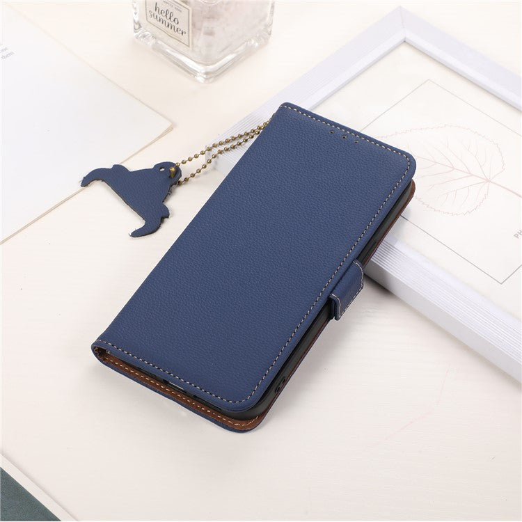 Shockproof Case for OnePlus 11 5G Genuine Leather Phone Case RFID Blocking Wallet Phone Cover with Stand - Sapphire