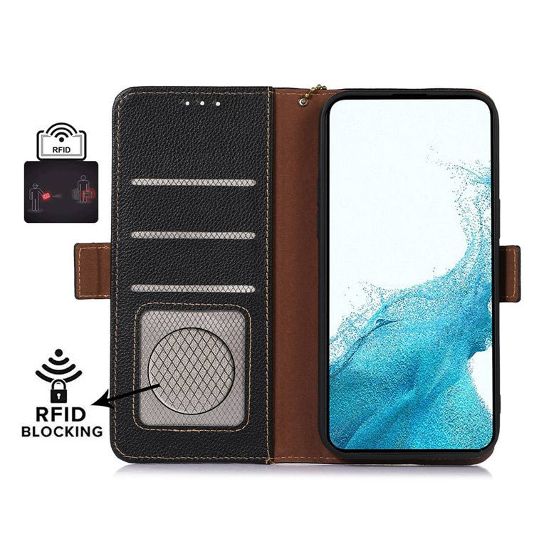 Genuine Cow Leather Phone Case for OnePlus Nord CE 3 Lite 5G / Nord N30 5G , RFID Blocking Wallet Stand Phone Cover - Black