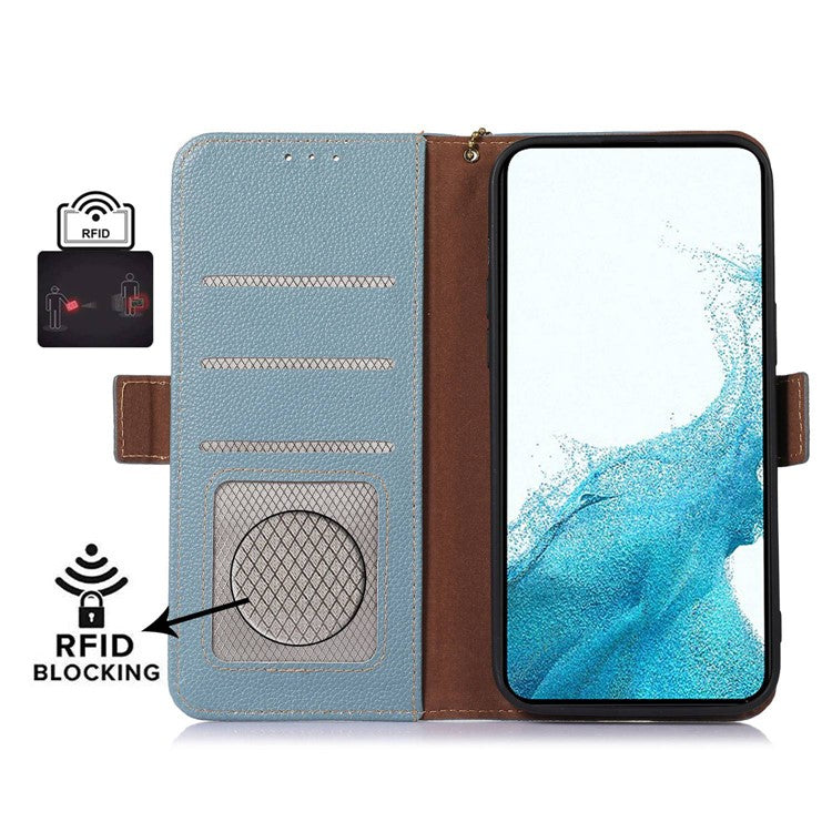 Genuine Cow Leather Phone Case for OnePlus Nord CE 3 Lite 5G / Nord N30 5G , RFID Blocking Wallet Stand Phone Cover - Blue