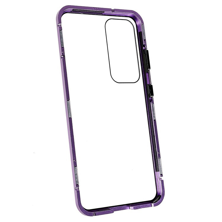Magnetic Double-Sided Tempered Glass Phone Case for Samsung Galaxy S23+ , Metal Frame Full Body Clear Phone Cover - Purple
