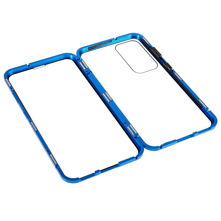 Double Sided Clear Tempered Glass Phone Case for Samsung Galaxy S23 , Magnet Absorption Metal Bumper Frame Shockproof Cover - Blue