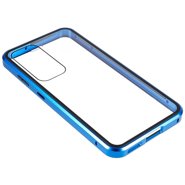 Double Sided Clear Tempered Glass Phone Case for Samsung Galaxy S23 , Magnet Absorption Metal Bumper Frame Shockproof Cover - Blue