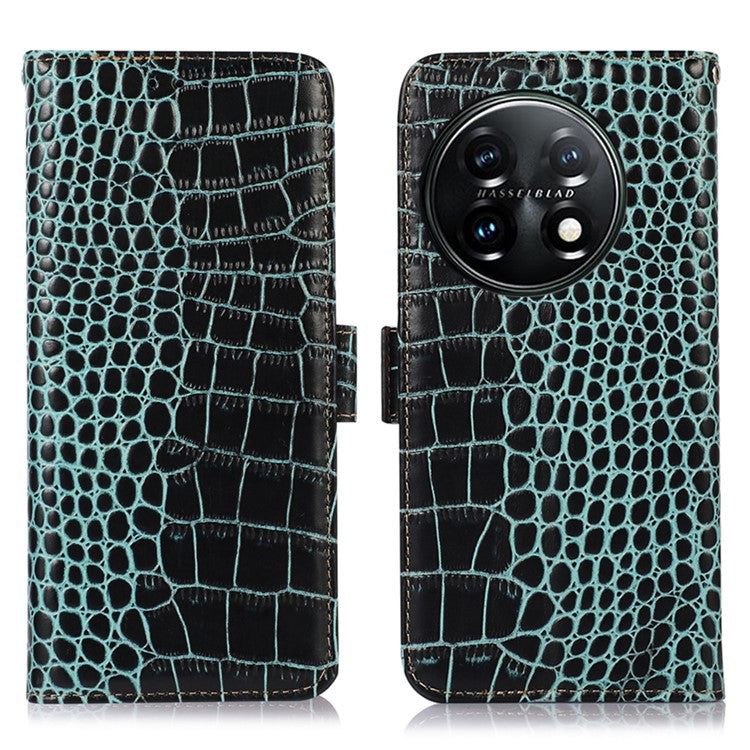 Phone Wallet Case for OnePlus 11 5G, RFID Blocking Crocodile Texture Genuine Cowhide Leather Stand Phone Cover - Green