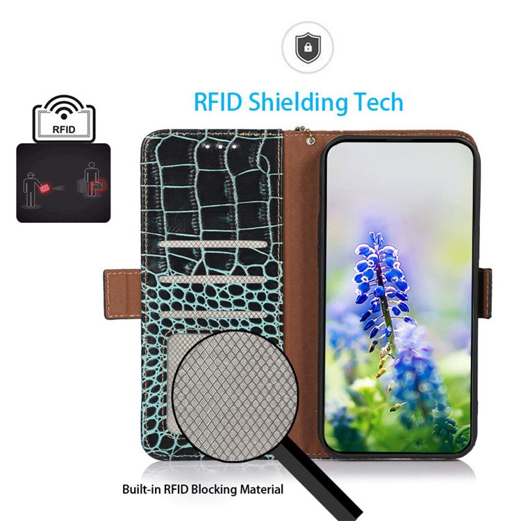 Phone Wallet Case for OnePlus 11 5G, RFID Blocking Crocodile Texture Genuine Cowhide Leather Stand Phone Cover - Green